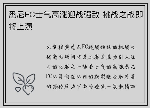 悉尼FC士气高涨迎战强敌 挑战之战即将上演